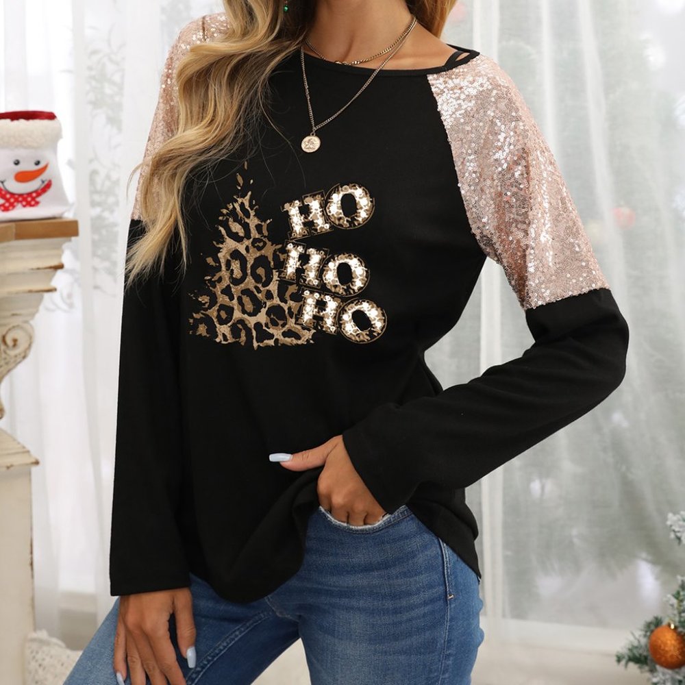 Sequin embellished Animal Leopard Print Ho Ho Ho Tree Christmas Shirt - Picture 4 of 6